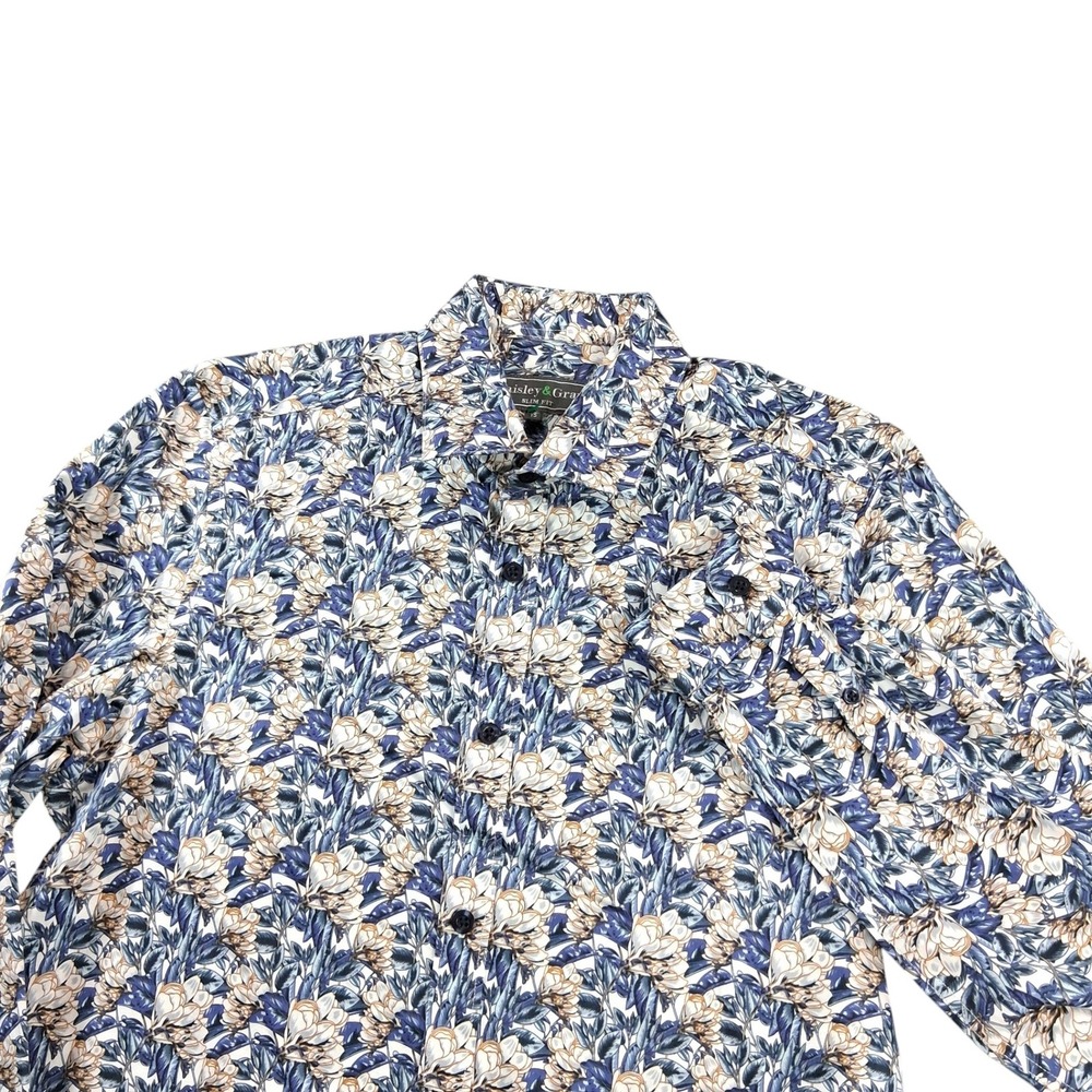 Paisley & Gray Mens Button Down Shirt S Blue Tan Floral Slim Fit Stretch 19006